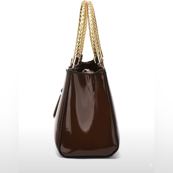 NWOT Elegant Evening Satchel Crossbody Bag Glossy Brown Zipper PU Leather Dusty - Picture 13 of 15